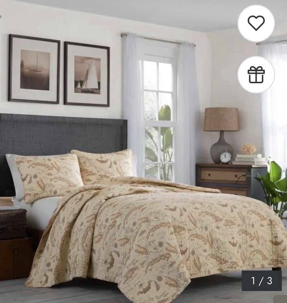 Tommy Bahama Reversible Map Quilt & Sham Set Nautical Sepia Tones Beige King EUC